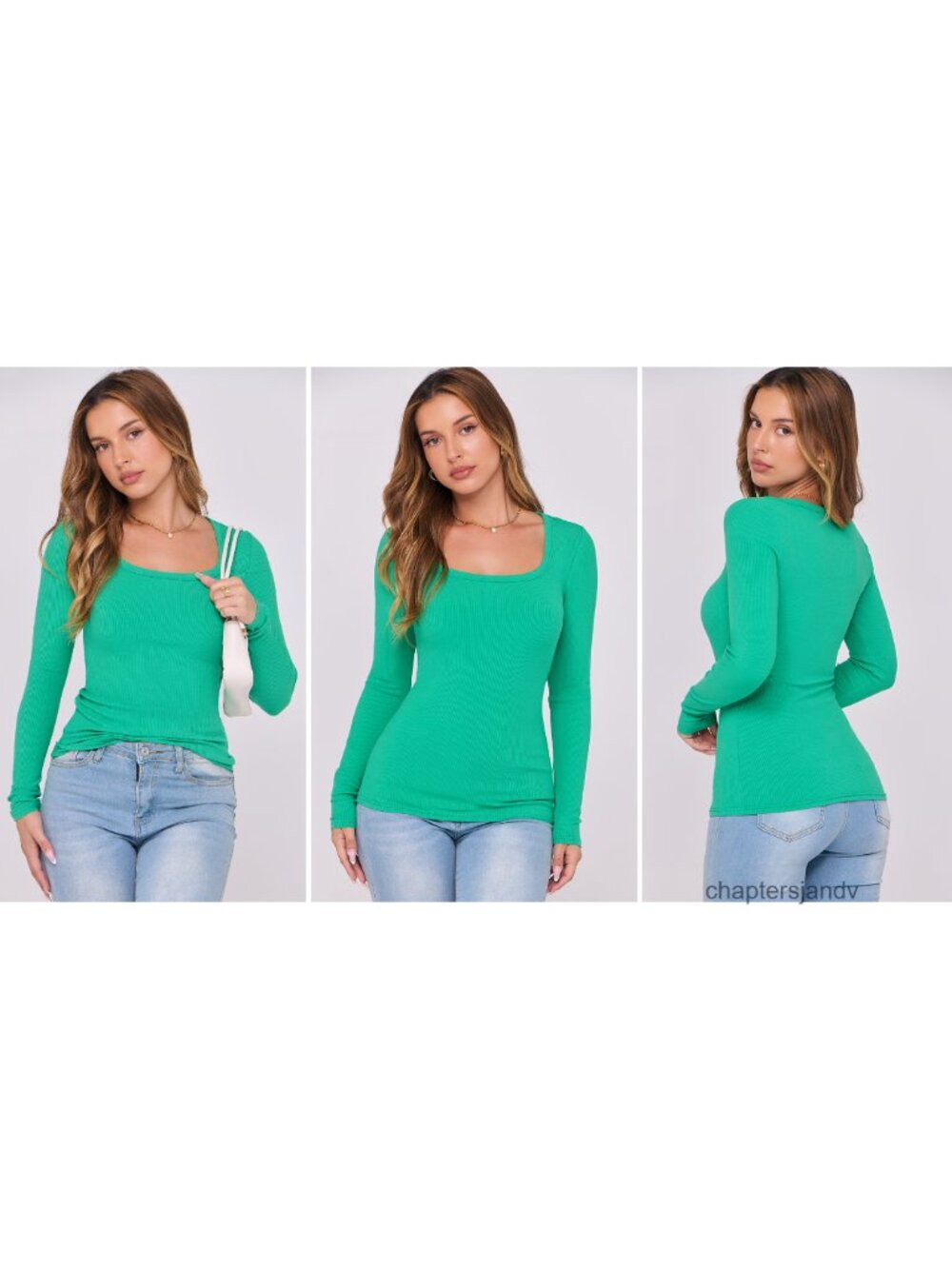 Women's Long Sleeve Scoop Neck Ribbed Knit Top Skinny Fit Casual Tee - Picture 6 of 6